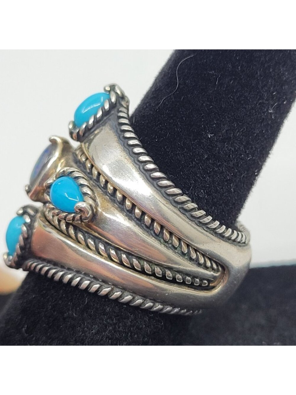 Vintage Sterling Silver Ring Size 7 Turquoise and Opal 925 Estate Jewelry - JW01 - Picture 4 of 7